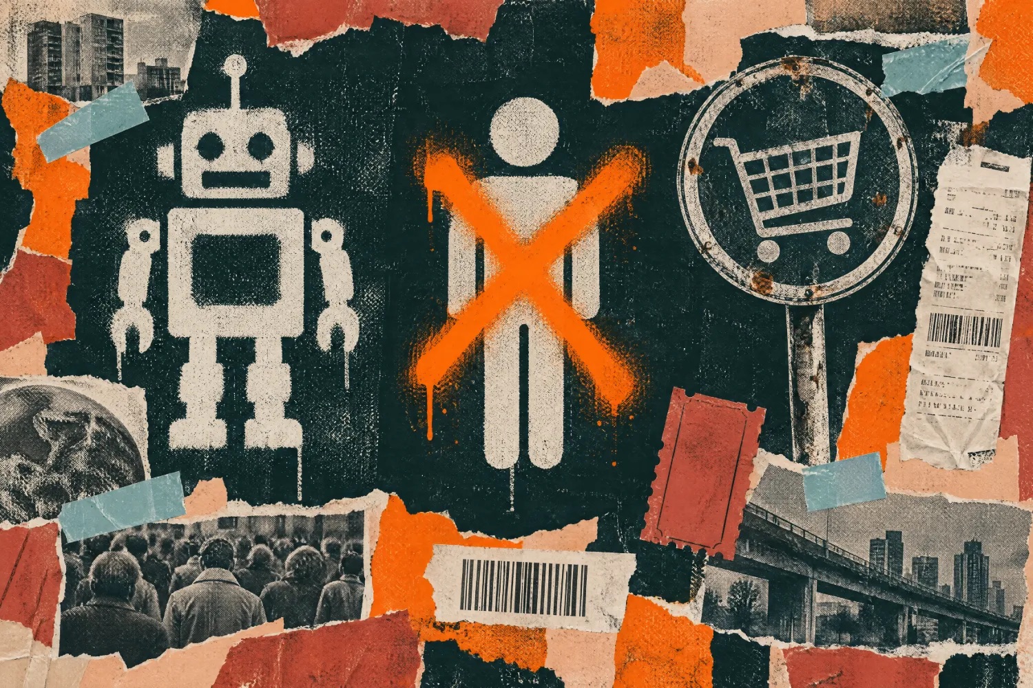 Collage: a stencilled robot, a person crossed out in orange spray paint and a shopping trolley sign, among torn paper, receipts and barcodes